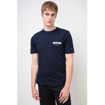 Tricou din bumbac cu imprimeu foto pe partea din spate - Bleumarin