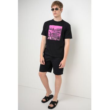 Tricou din bumbac cu imprimeu logo - Negru/Fucsia