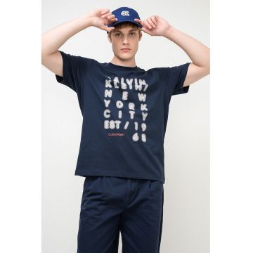 Tricou lejer de bumbac cu imprimeu logo - Albastru ultramarin/Alb murdar