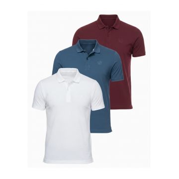 Tricou polo cu detalii de broderie si material piqué - Alb/Albastru inchis/Bordeaux