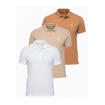 Tricou polo cu detalii de broderie si material piqué - Alb/Bej/Maro deschis