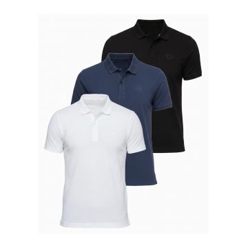 Tricou polo cu detalii de broderie si material piqué - Alb/Negru/Albastru inchis