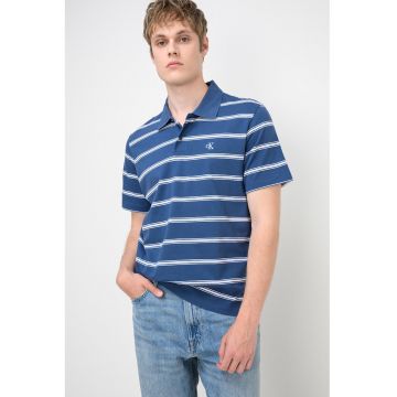 Tricou polo cu detaliu monograma si dungi - Alb/Albastru inchis