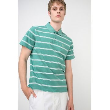 Tricou polo cu detaliu monograma si dungi - Alb/Verde