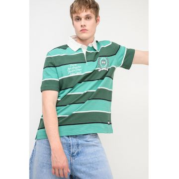 Tricou polo cu dungi si logo - Alb/Verde/Negru
