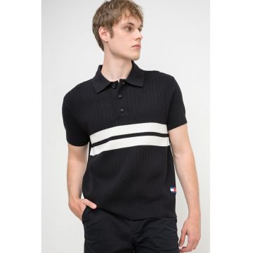 Tricou polo din tricot cu striatii si dungi - Alb/Negru