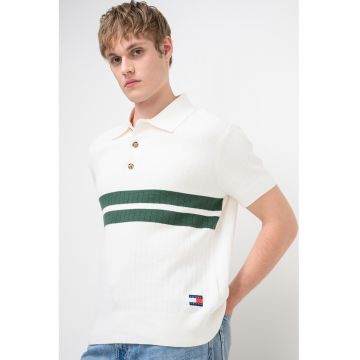 Tricou polo din tricot cu striatii si dungi - Alb/Verde englez