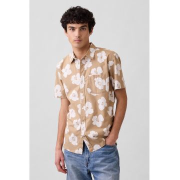 Camasa cu maneci scurte si model floral - Bej/Alb murdar