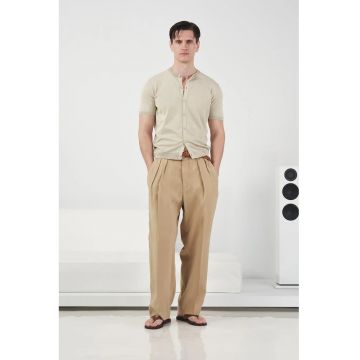 Pantaloni barbati  plisati - bej - modal/poliester