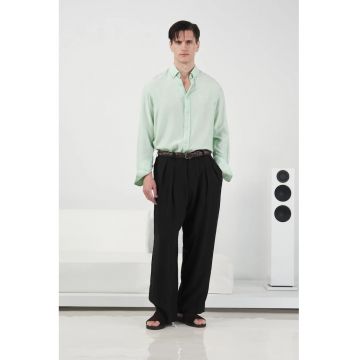 Pantaloni barbati -  plisati - picior larg - negru - modal/poliester