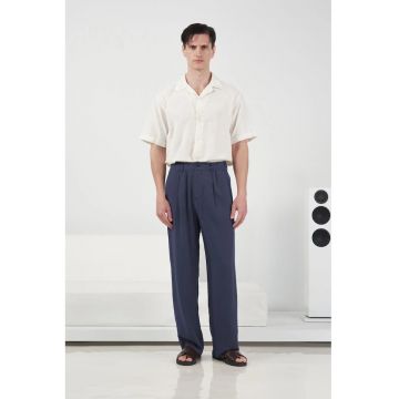 Pantaloni barbati -  plisati - talie modal - 654987 - Albastru marin