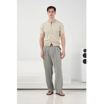 Pantaloni barbati -  talie medie - pliuri - verde - amestec modal-poliester