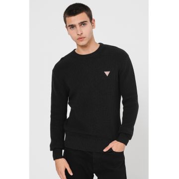 Pulover striat cu logo discret - Negru