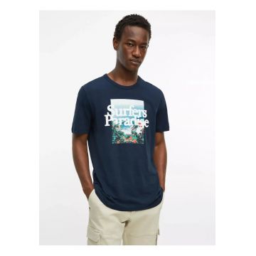 Tricou barbati din bumbac - cu imprimeu foto - Regular fit - Bleumarin inchis -