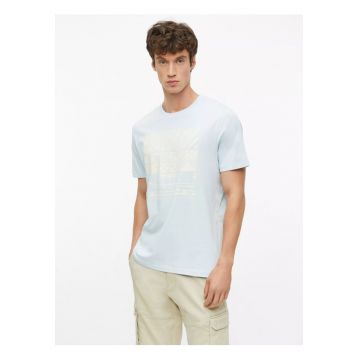 Tricou barbati - din bumbac - cu imprimeu frontal - Albastru deschis