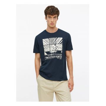 Tricou barbati - din bumbac - cu imprimeu frontal - Bleumarin inchis -