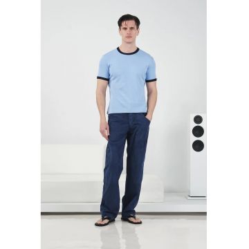 Tricou Barbati -  guler rotund - banda contrastanta - Maya Blue - 100% bumbac