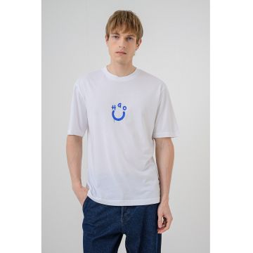 Tricou cu imprimeu logo si decolteu la baza gatului Norizom - Alb optic