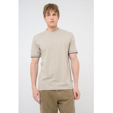 Tricou de bumbac cu mansete contrastante - Maro camel