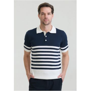 Tricou polo de bumbac cu dungi - Alb/Bleumarin