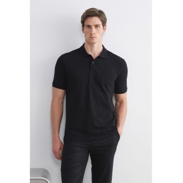 Tricou polo din bumbac pique regular fit - Negru