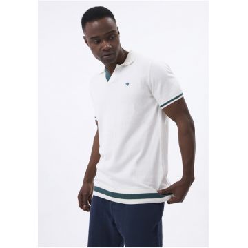 Tricou polo tricotat fin - Alb/Verde smarald