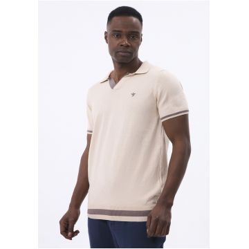 Tricou polo tricotat fin - Bej/Bej inchis