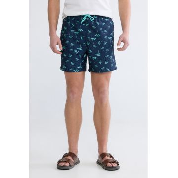 Pantaloni scurti de baie cu chiloti interiori de plasa si model - Turcoaz/Bleumarin