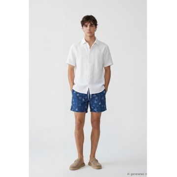 Pantaloni scurti de baie cu imprimeu nautic - Alb/Albastru inchis