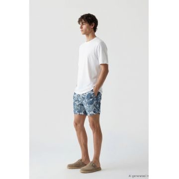 Pantaloni scurti de baie cu imprimeu tropical - Alb/Bleumarin