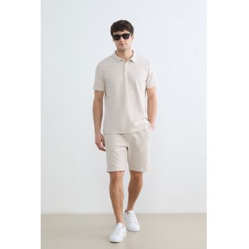 Pantaloni scurti din amestec de bumbac cu snur de ajustare - Bej