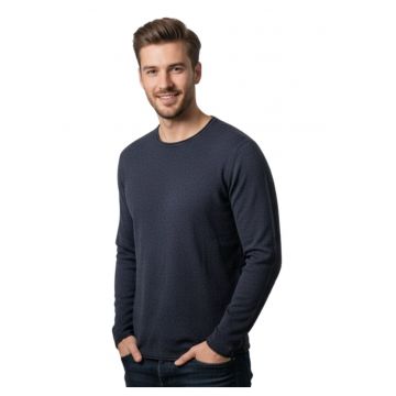 Pulover din amestec de bumbac la baza gatului - Albastru