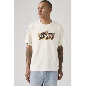 Tricou cu decolteu la baza gatului si imprimeu grafic - Galben sofran/Alb murdar