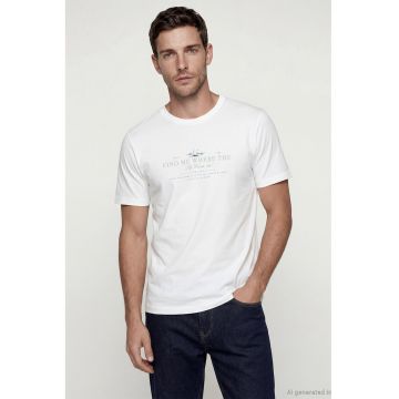Tricou cu decolteu la baza gatului si imprimeu text - Alb/Gri cenusiu
