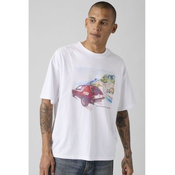 Tricou cu decolteu la baza gatului si imrimeu grafic - Albastru pastel/Roz pastel/Alb optic