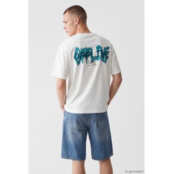 Tricou cu imprimeu text - Alb/Verde smarald
