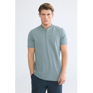 Tricou de bumbac cu fenta cu nasturi - Albastru prafuit