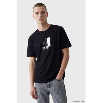 Tricou de bumbac cu imprimeu grafic - Negru - Alb optic -