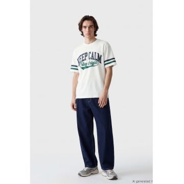 Tricou de bumbac cu imprimeu text - Alb/Verde englez/Bleumarin