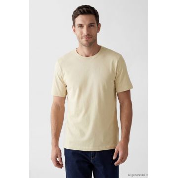 Tricou din bumbac cu model uni - Bej deschis