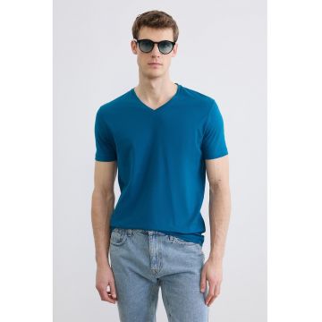 Tricou uni cu decolteu in V - Albastru petrol