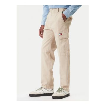 Pantaloni cargo cu talie medie si model uni
