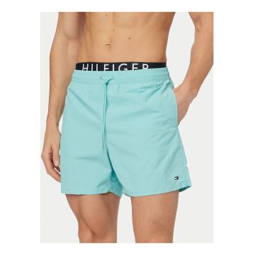 Pantaloni scurti de baie cu banda logo in talie - Turcoaz