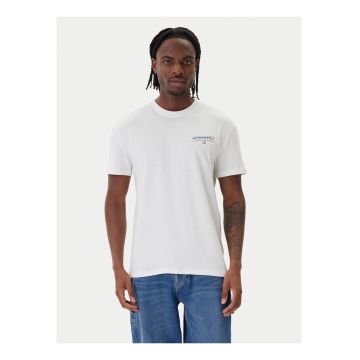 Tricou cu decolteu la baza gatului si imprimeu - Alb/Portocaliu mandarina/Albastru