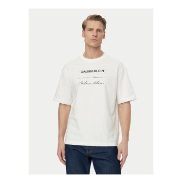 Tricou cu decolteu la baza gatului si imprimeu logo - Alb/Negru