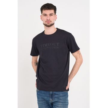 Tricou cu decolteu la baza gatului si imprimeu logo - Negru