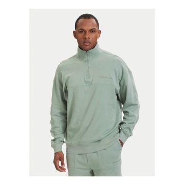 Bluza uni de trening din amestec de bumbac cu fermoar scurt si mansete elastice