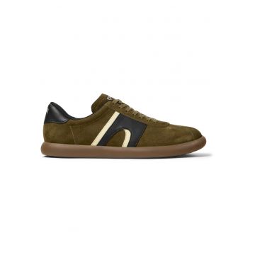 Pantofi casual de piele nabuc cu insertii de piele Pelotas Soller - Kaki inchis