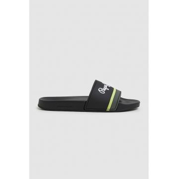 Papuci de piele ecologica cu logo - Negru