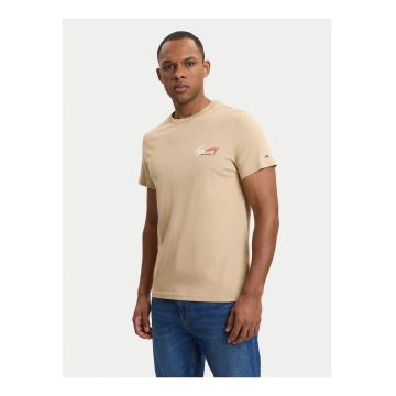 Tricou cu decolteu la baza gatului si imprimeu logo - Bej